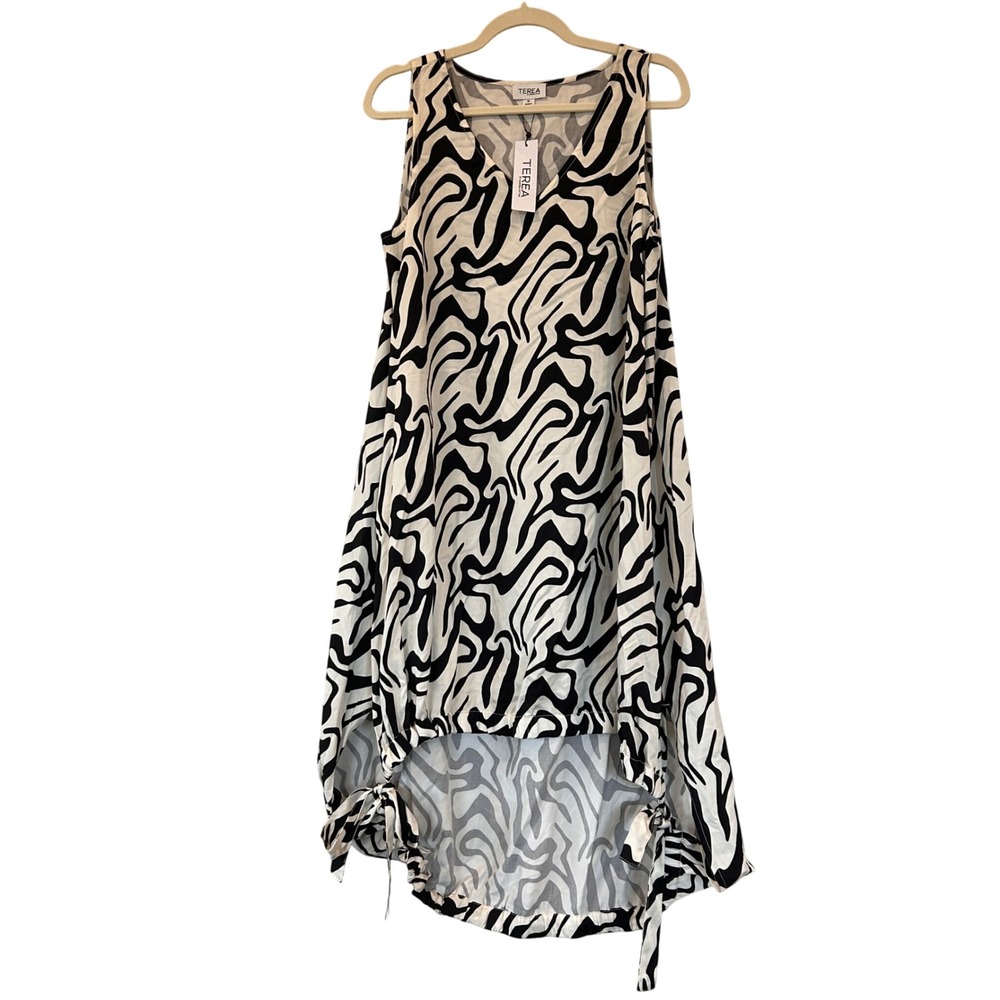 TEREA by Andrea Pitter Gardenia Wave Print High-Low Dress Black White Medium NEW